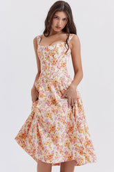 Minivestido veraniego con corsé alto y abertura en la espalda con encaje y estampado floral - Naranja